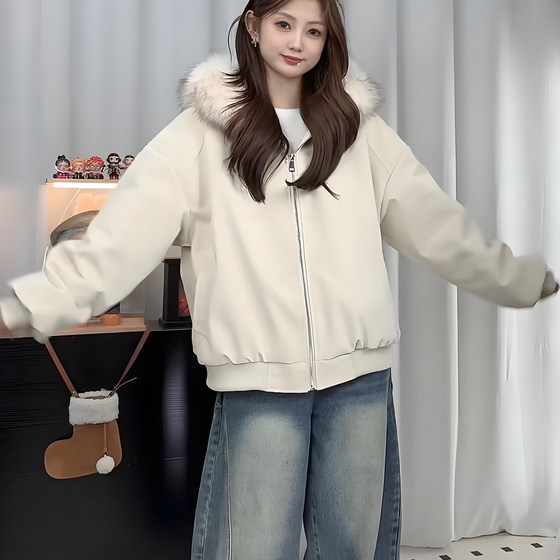 
Mountain Eagle hooded large fur collar cotton coat for men and women winter thickened warm pu leather cotton coat trendy couple cotton coat