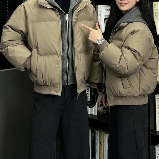 
American PU leather fake two-piece hooded cotton jacket for men and women in winter, thickened, warm and loose, couple style trendy cotton jacket