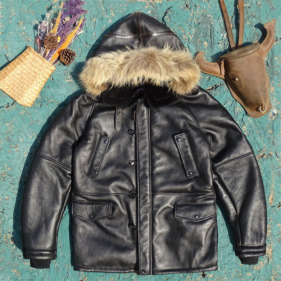 
N3B mid-length hooded warm original ecological first-layer sheepskin all-in-one genuine leather jacket for men with raccoon fur hat