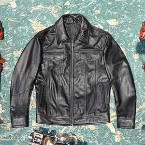 
Four-pocket denim! Top-layer yellow cowhide leather genuine leather jacket for men's lapel denim style slim leather motorcycle suit