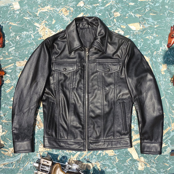 
Four-pocket denim! Top-layer yellow cowhide leather genuine leather jacket for men's lapel denim style slim leather motorcycle suit