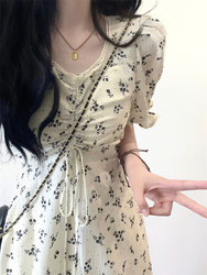 Floral Dress, Summer High-End French Retro V Neck Drawstring Pleated Puff Sleeves, Super Fairy High-Waisted Elegant Long Skirt