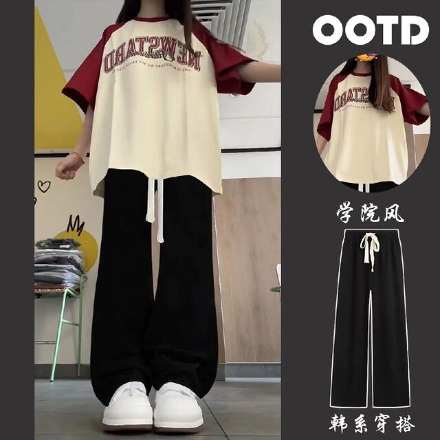 Summer suit female student sweet rag-shoulder loose short-sleeved T ...
