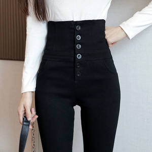 Clear warehouse picking counters ultra -high waist buckle with velvet leggings female wears black hips and abdomen pencil pants
