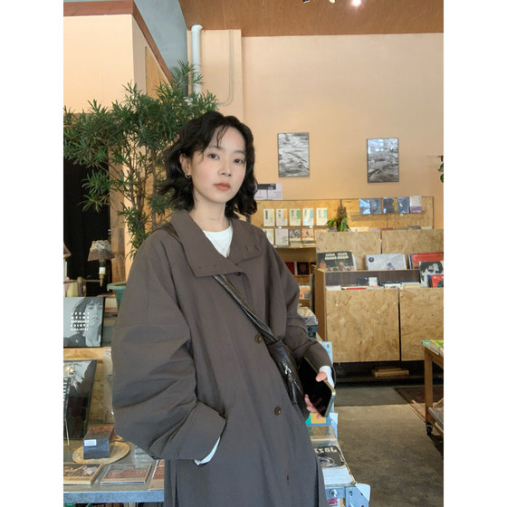 
ifbeer lapel stand collar two-wear gray green ins Korean style long loose lace-up windbreaker coat for women autumn