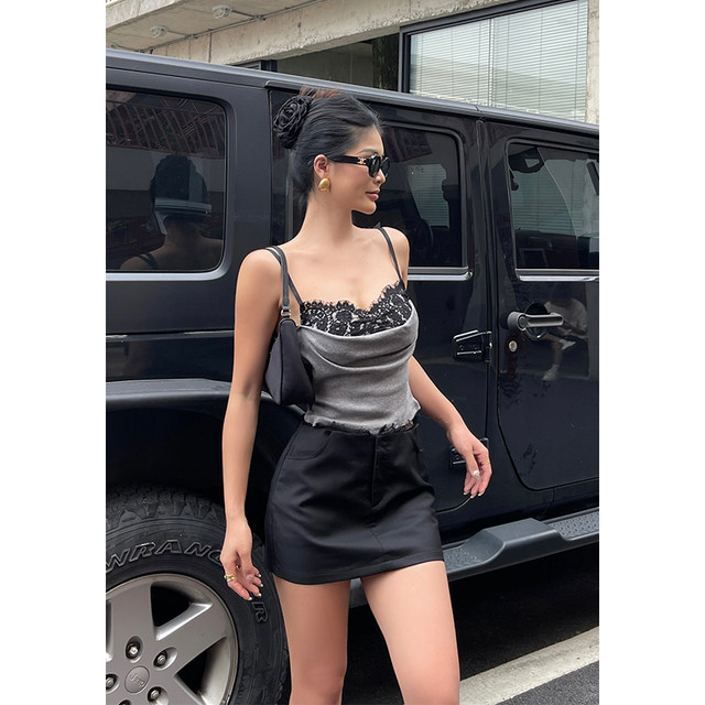 Iya sexy hot girl lace spliced ​​small vest for women in summer new waistband to look slim and thin shoulder strap top