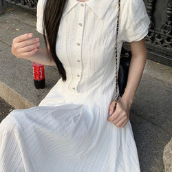 2025 New Summer Style Japanese Style Sweet White Dress with Waist and Pleated Elegant Splicing A-Line Mid-Length Skirt