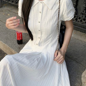 
2025 summer new Japanese sweet white dress with waist-closing pleated temperament spliced a-line mid-length skirt