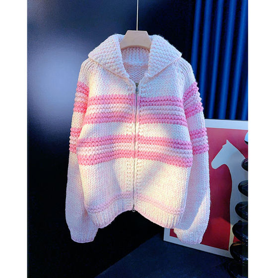 
Yanyan thick woolen yarn hand-knitted double zipper striped lapel knitted cardigan sweater jacket for women thickened