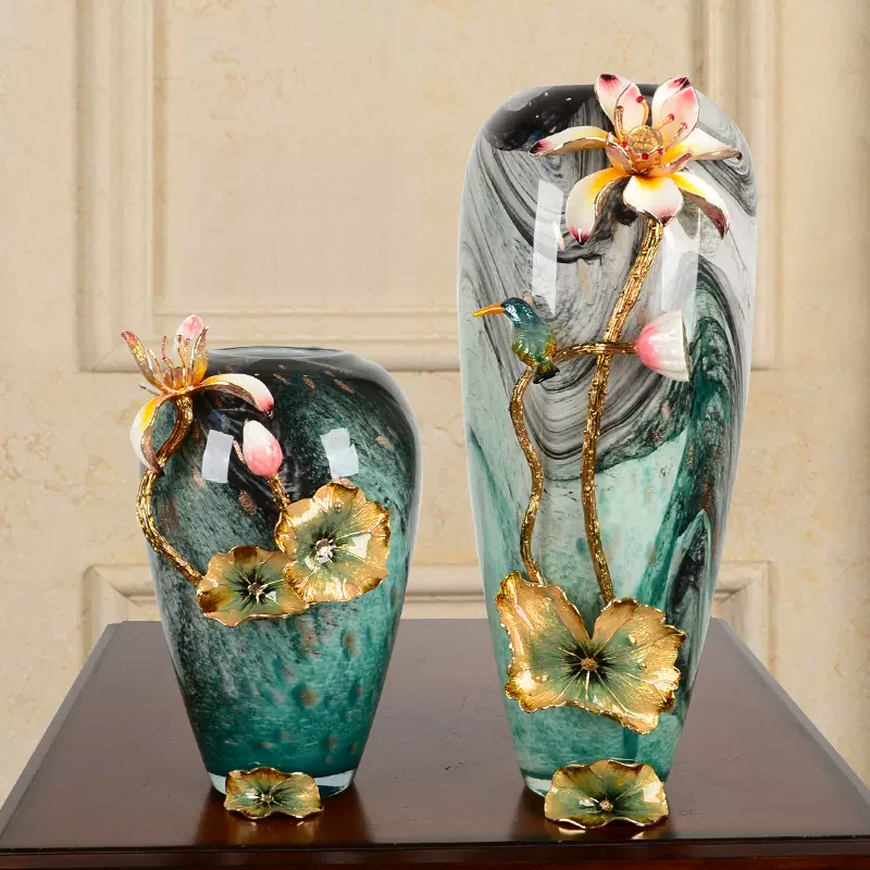 珐琅彩玻璃琉璃大花瓶摆件客厅插花北欧创意干花美式玄关家用装饰-Taobao