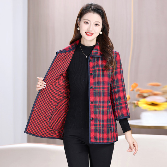 Inner cotton cotton seven -point sleeve vest, middle -aged and elderly girl autumn and winter new lapel checkered cotton jackets, mother thick cotton clothes