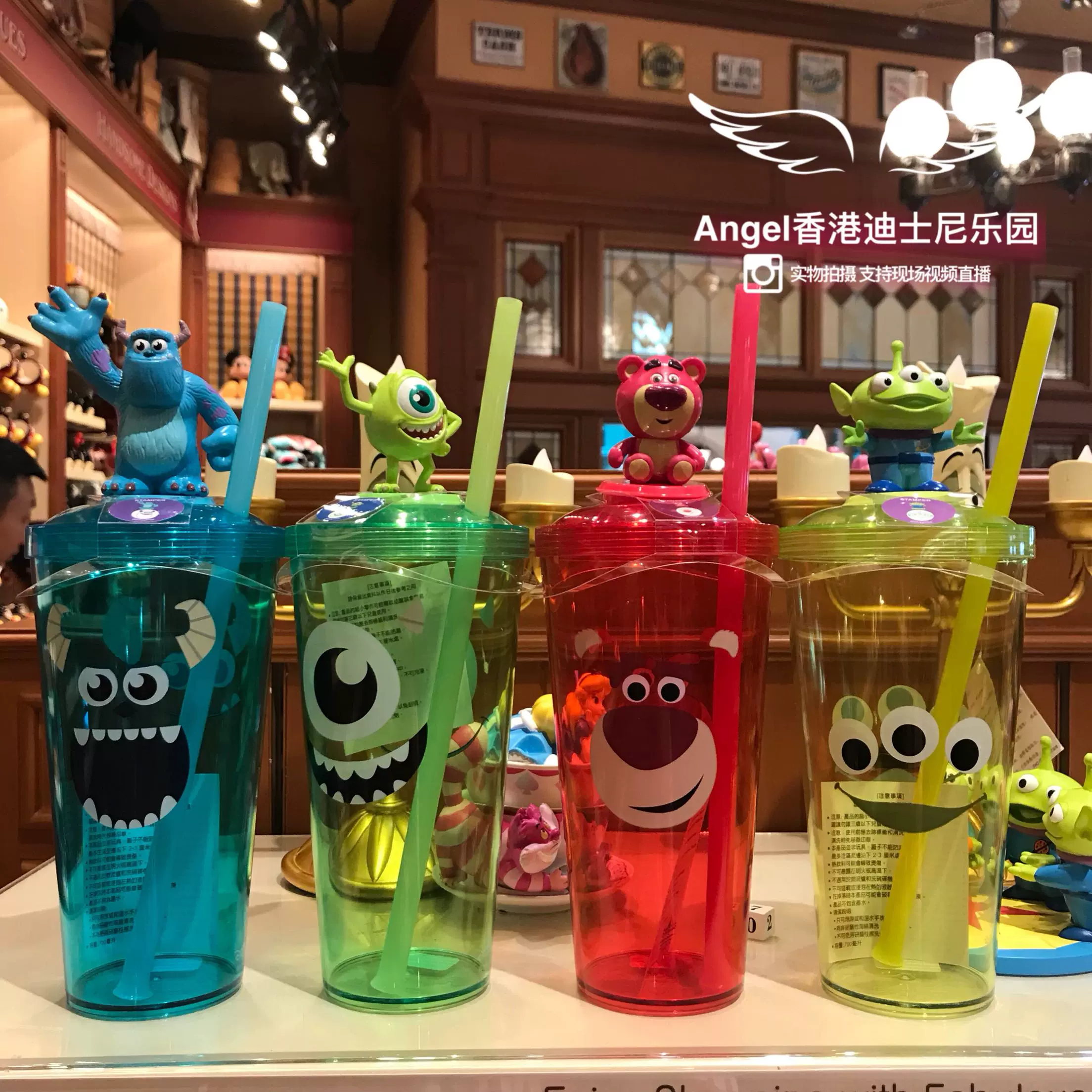 迪士尼正品草莓劳苏三眼仔单眼仔苏利文4d卡通印章水壶吸管