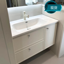 Simple French-Style Cream-Colored Solid Wood Lacquered Bathroom Cabinet with Integrated Ceramic Basin, Washbasin, and Vanity Unit