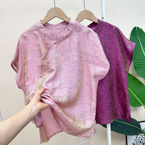 
Fashionable and noble~ New Chinese style gilded flower radish satin slanted short-sleeved young shirt for women's summer jacquard shirt W264