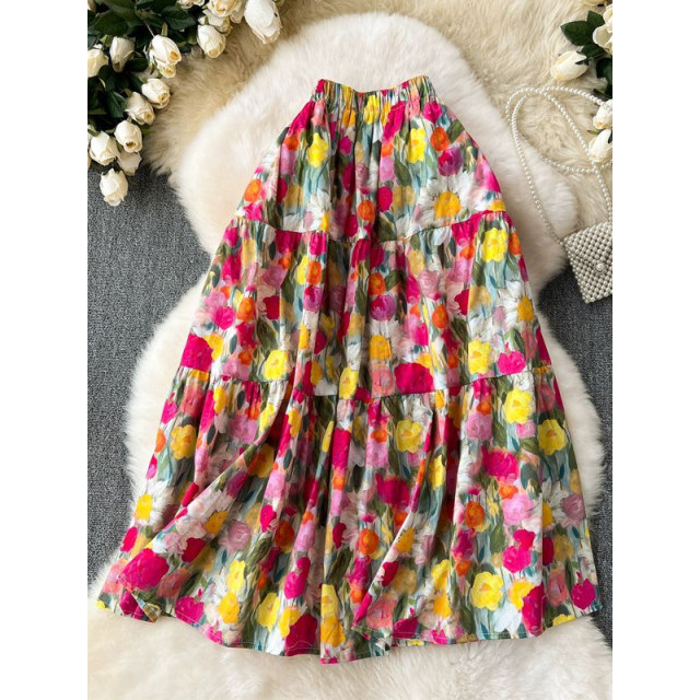 Oil painting printed skirt French retro niche design high waist fluffy skirt colorful mid-length floral skirt