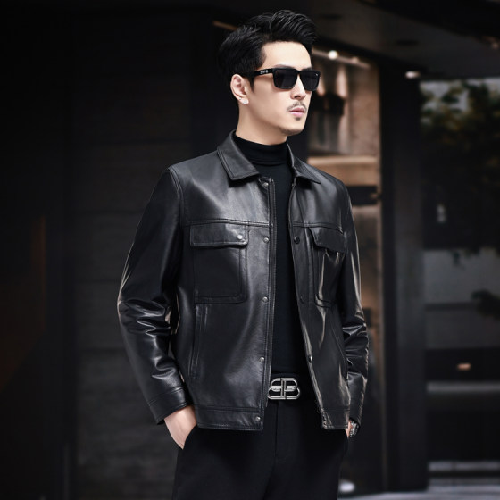 
Haining genuine leather leather jacket top layer cowhide jacket men's lapel casual thin jacket autumn and winter jacket multiple pockets