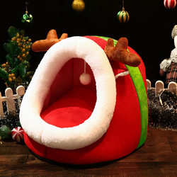 New Year Cat Bed, Winter Warm Cat Bed, Deep Sleep Bed, Semi-Enclosed Christmas Style, Plush and Comfortable for Cats