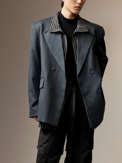 Miki Kohaku Men's White Striped Collarless Suit Jacket