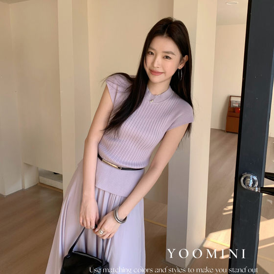 
YOOMINI genuine elegant elegant knitted sweater small shirt for women spring and summer short-sleeved slimming solid color versatile