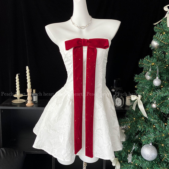 
[Peach heart] White French birthday dress with bow Christmas tube top high waist dress for women