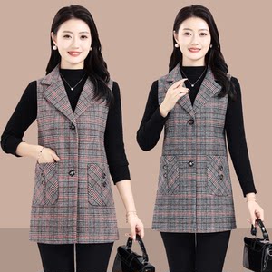 
Plaid suit horse clip women's mid-length spring and autumn new vest vest vest middle-aged and elderly mothers vest jacket