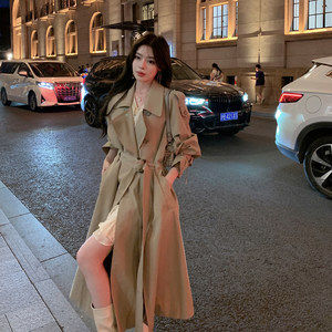 ByYou autumn new British style light khaki windbreaker jacket for women mid-length waist drooping casual coat