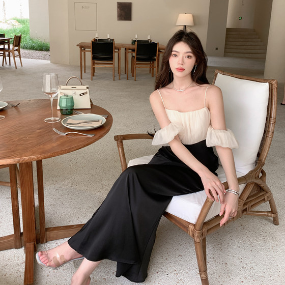 
ByYou summer cold and beautiful women's style color-blocking suspender dress for women with high waist slim and spliced satin mid-length skirt
