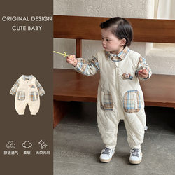 Baby Fleece-Lined Cotton Overalls Set, Boys' Plaid Shirt Jumpsuit, New Winter Infant Romper