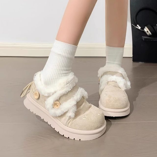 Pull-back snow boots for women 2025 new winter velvet thickened warm cotton shoes one-legged outer wear furry shoes