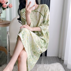 
Cotton silk pajamas for women in summer mid-sleeved nightgowns for large size artificial cotton silk new Chinese style thin loose home clothing long skirt