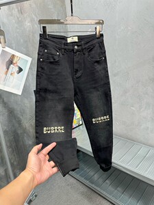 
European Station 24 New Style Light Luxury Simple European Letters Holes Washed Men's Stretch Slim Small Feet Stretch Jeans Handsome