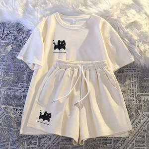 
2025 Summer Loose Slim Casual Sports Suit Korean Style Lazy Style Student Short Sleeve Shorts Two-piece Trendy Set