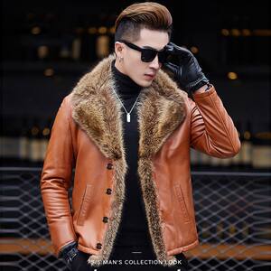 美洲貉毛领冬装皮毛一体真皮皮衣男修身羊羔毛皮草男装皮夹克外套