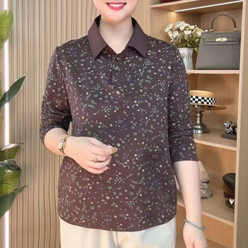 
New autumn fashion floral lapel long-sleeved T-shirt for women, slim and fashionable mother dress POLO shirt for women