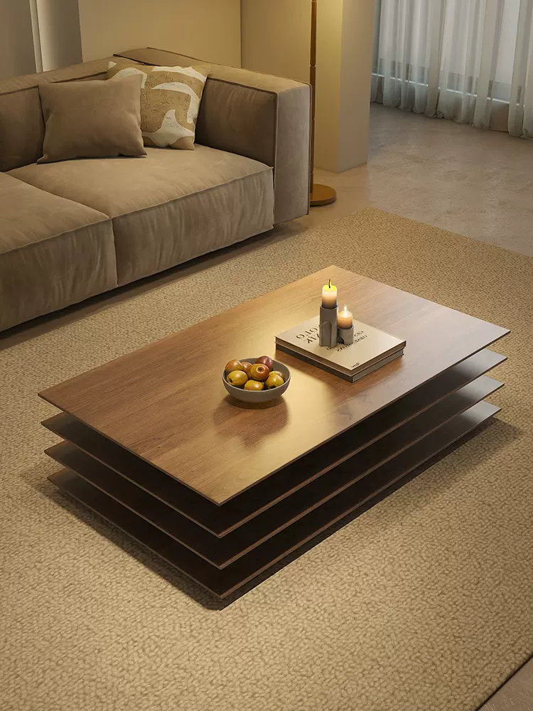 纳威意式极简正方形茶几设计师创意千层蛋糕茶桌胡桃木色2025新款