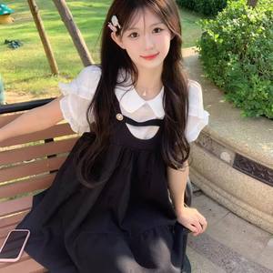 Small fake two-piece college strap skirt summer new loose splicing sweet shirt high waist dress for women