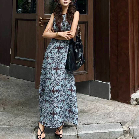 
European women's clothing 2026 summer new design high-end linen printed long skirt huge good-looking niche dress for women