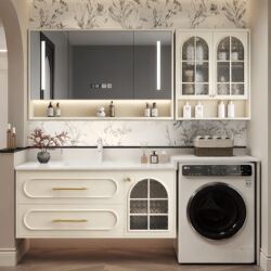 French-Style Vintage Bathroom Cabinet with Integrated Washing Machine, Bathroom Vanity with Integrated Rock Slab Washbasin