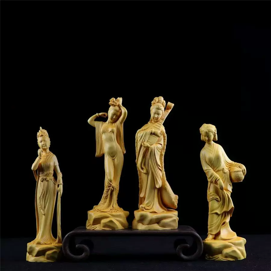 黄楊木実木彫刻、チャイナドレス美人コレクションプレゼント - 彫刻