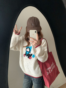 Color Dot Cat Sweater Acridine 2 Color Horn Button Cardigan