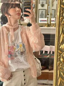 
Spot PREON factory homemade early autumn new style gentle light color thin hollow knitted cardigan fletta style