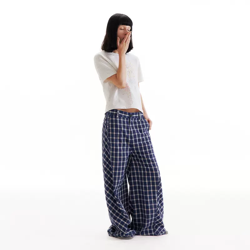 CONP 24SS 泡泡格纹斜裁宽松阔腿扭扭裤拼接复古拖地裤中性-Taobao 