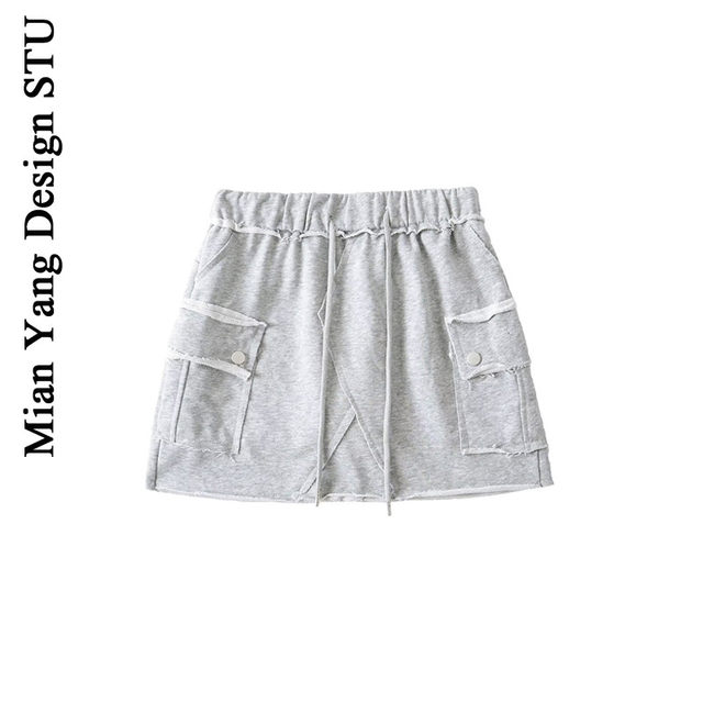 Cotton American casual cut breasted elastic waist-pack hip skirt irregular pocket anti-exposure sports sweat skirt