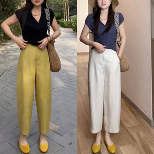 
Tencel linen balloon pants for women 2026 summer style high-waisted nine-point pants for small people drapey linen harem pants