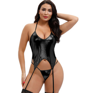 2020 new European and American patent leather imitating leather tight -fitting conjoined sling strap 4 rewriting stockings strap tie neck top
