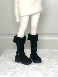 Bjd Baby Shoes 4 Points Black Suede Square Toe Thick Sole Cuffed Short Boots