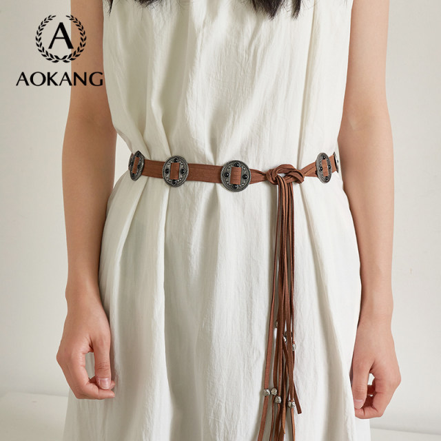 Aokang Belt Women's 2025 New Knitted Punch-free Cowhide Belt Ethnic Style Women's Waist Envelope Decoration with Skirt
