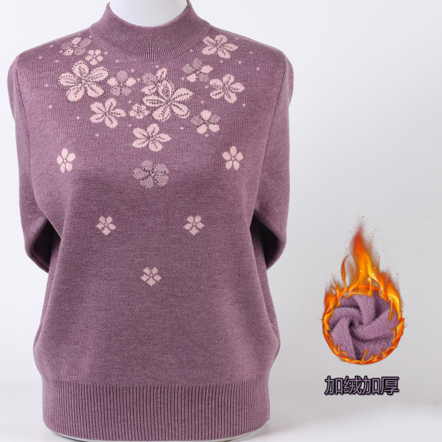 Middle-aged and elderly women's autumn and winter sweaters thickened and warm half turtleneck pullover plus velvet knitted bottoming sweater