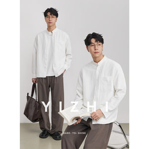 
Yizhi linen Chinese stand collar casual shirt men's spring slightly wide solid color casual simple versatile long-sleeved top