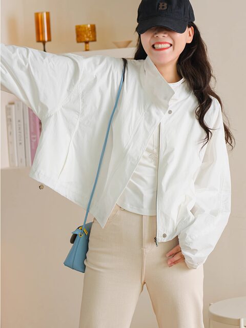 Small ears stand-up collar jacket with hem drawstring adjustable short ...